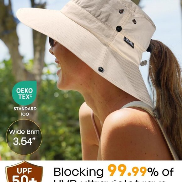 Sun Hat Women Wide Brim UPF 50+ Ponytail Hole Beach Hiking Outdoor - Picture 2 of 7
